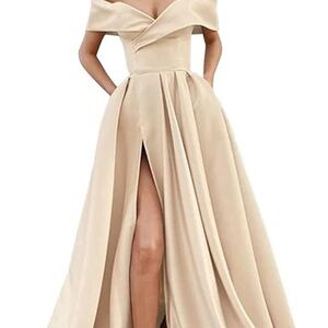 Champagne Off-Shoulder Ball Gown with High Front Slit & POCKETS!